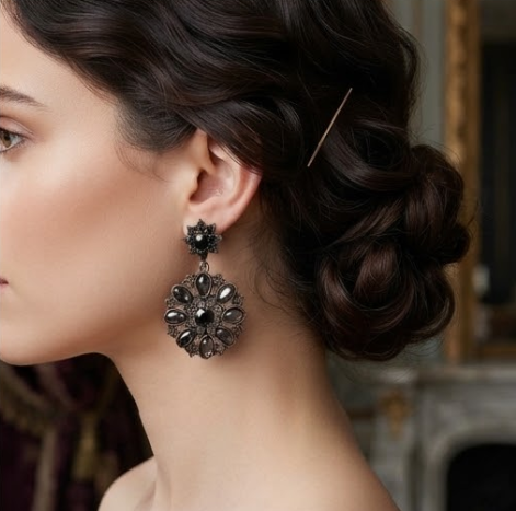 Vintage Gothic Jet Black & Smoky Crystal Starburst Medallion Drop Earrings