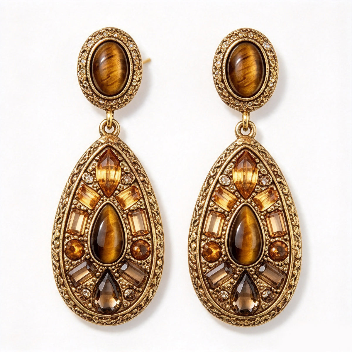 Vintage Tiger Eye & Amber Crystal Teardrop Chandelier Earrings