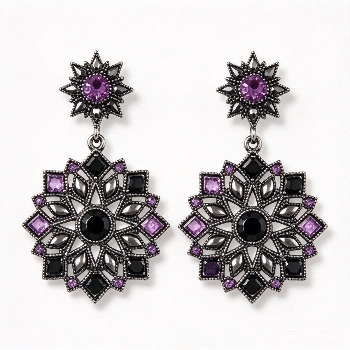 Vintage Gothic Starburst Mandala Crystal Drop Earrings