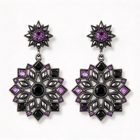 Vintage Gothic Starburst Mandala Crystal Drop Earrings