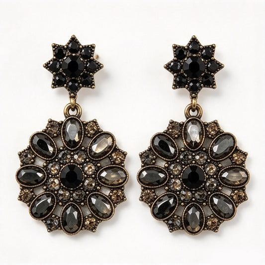 Vintage Gothic Jet Black & Smoky Crystal Starburst Medallion Drop Earrings