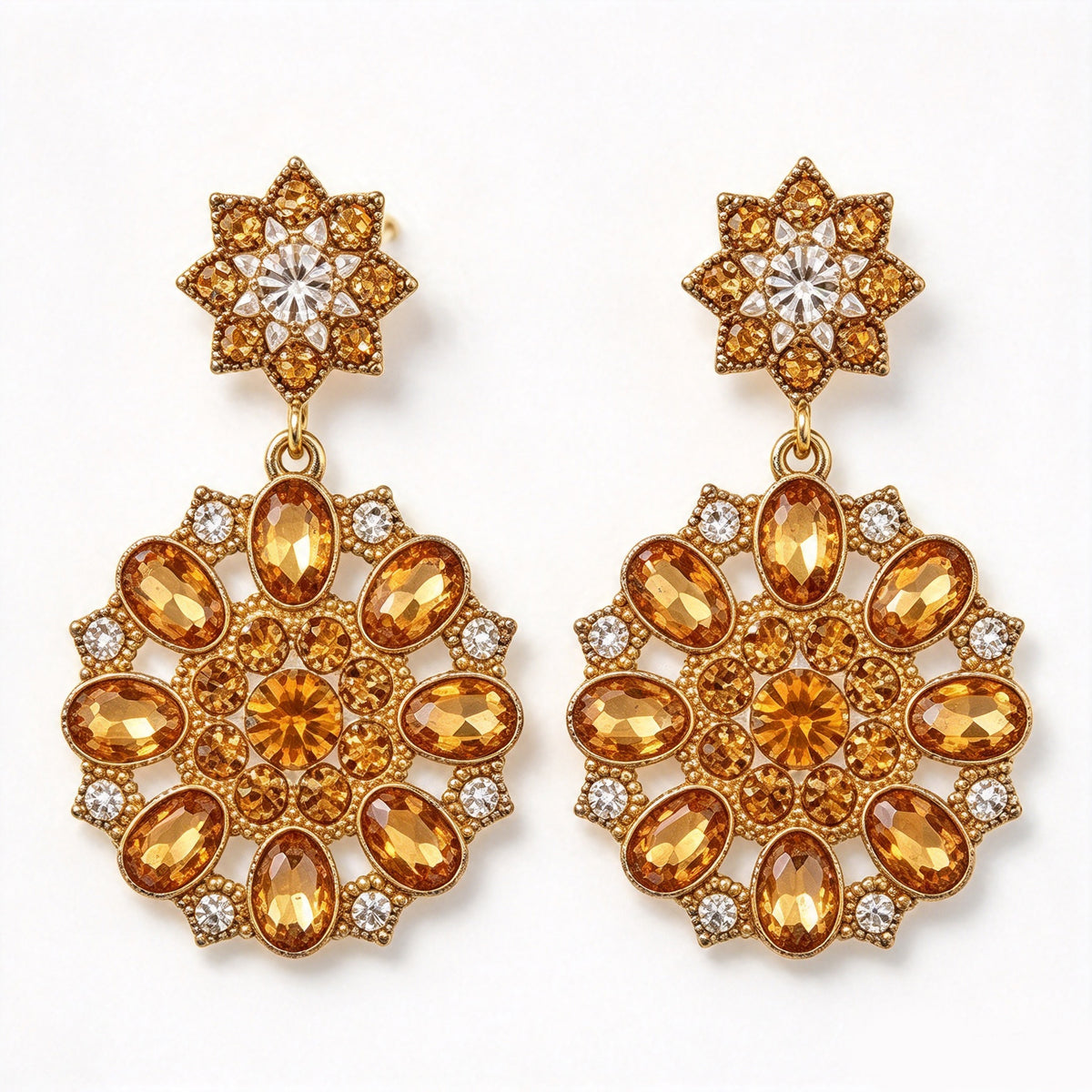 Vintage Citrine & Golden Topaz Crystal Starburst Medallion Drop Earrings