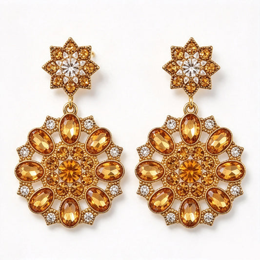 Vintage Citrine & Golden Topaz Crystal Starburst Medallion Drop Earrings