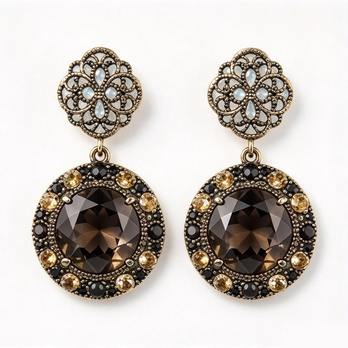 Vintage Smoky Quartz & Citrine Crystal Filigree Medallion Drop Earrings