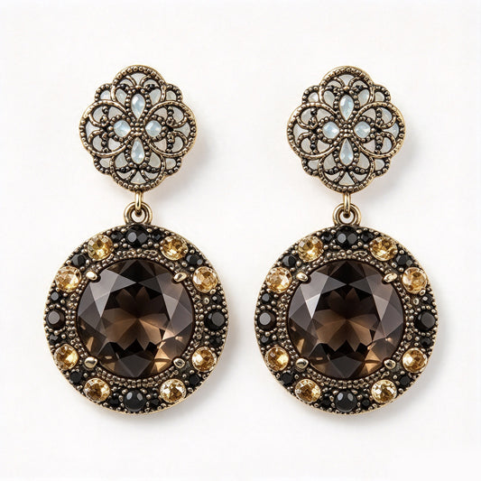 Vintage Smoky Quartz & Citrine Crystal Filigree Medallion Drop Earrings
