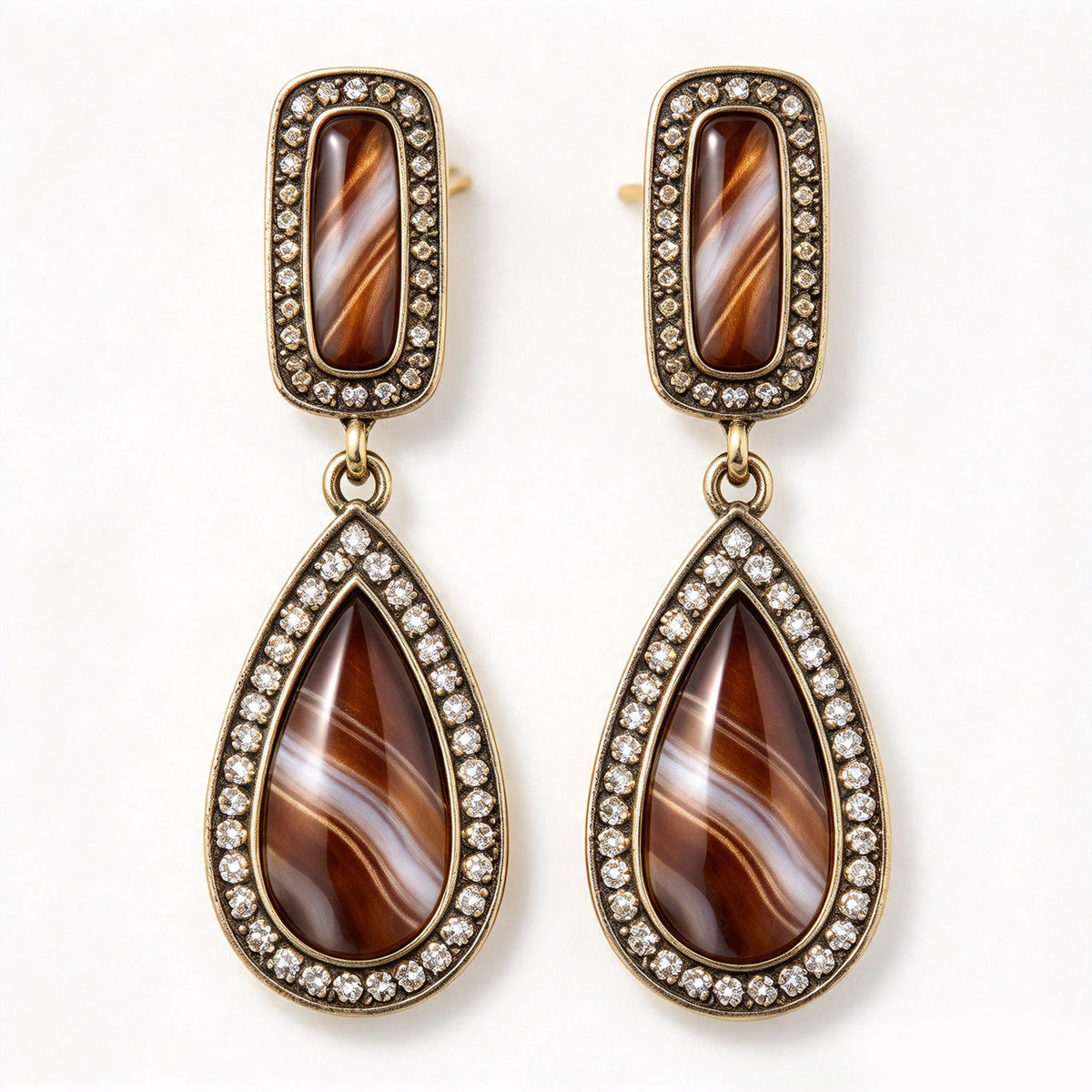 Vintage Banded Agate Teardrop & Pavé Halo Drop Earrings