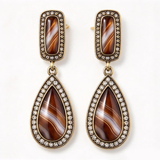 Vintage Banded Agate Teardrop & Pavé Halo Drop Earrings