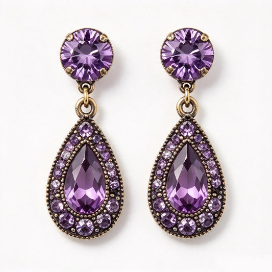 Vintage Amethyst Crystal Teardrop Chandelier Drop Earrings