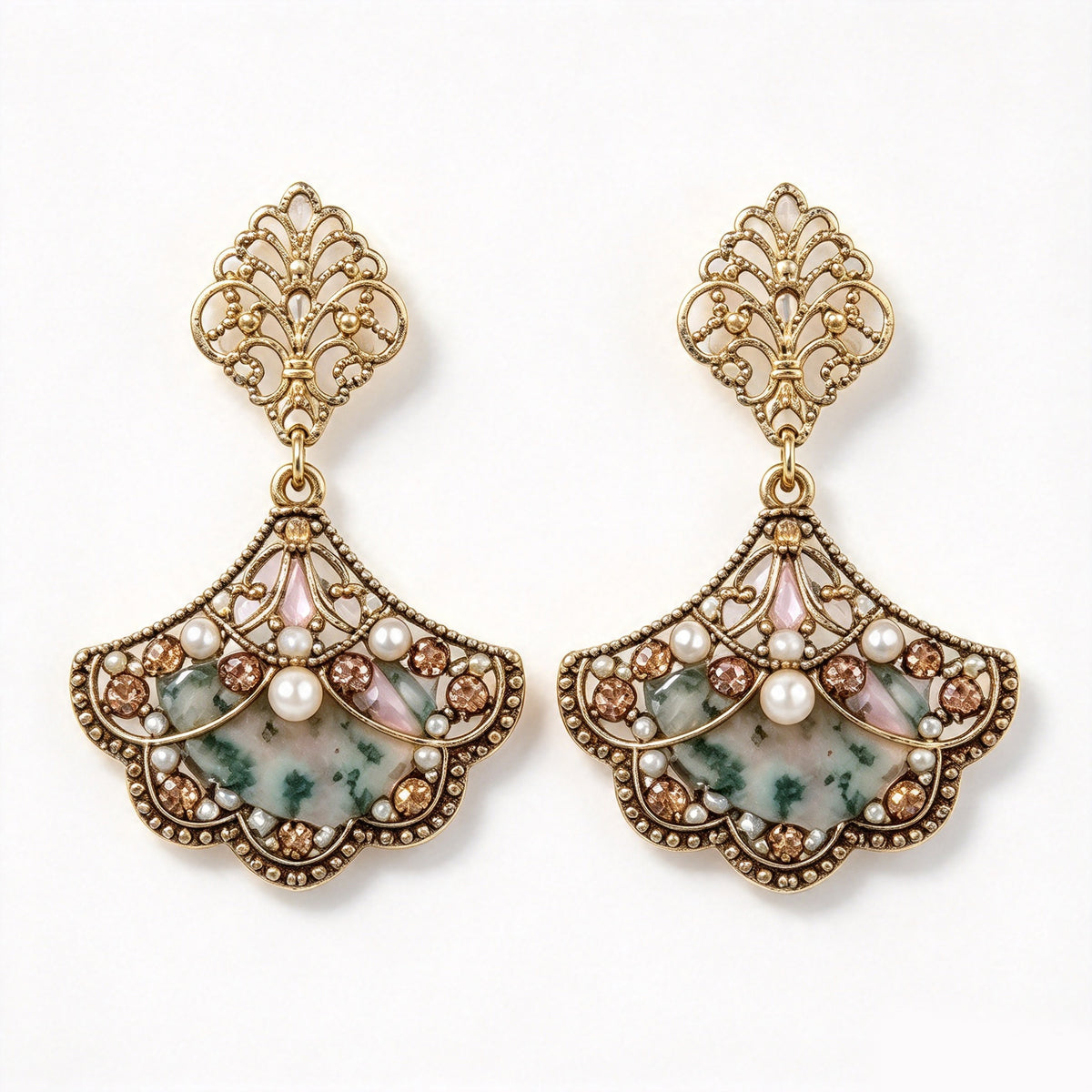 Vintage Art Deco Fan Filigree Moss Agate & Pearl Drop Earrings