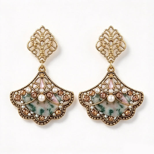 Vintage Art Deco Fan Filigree Moss Agate & Pearl Drop Earrings