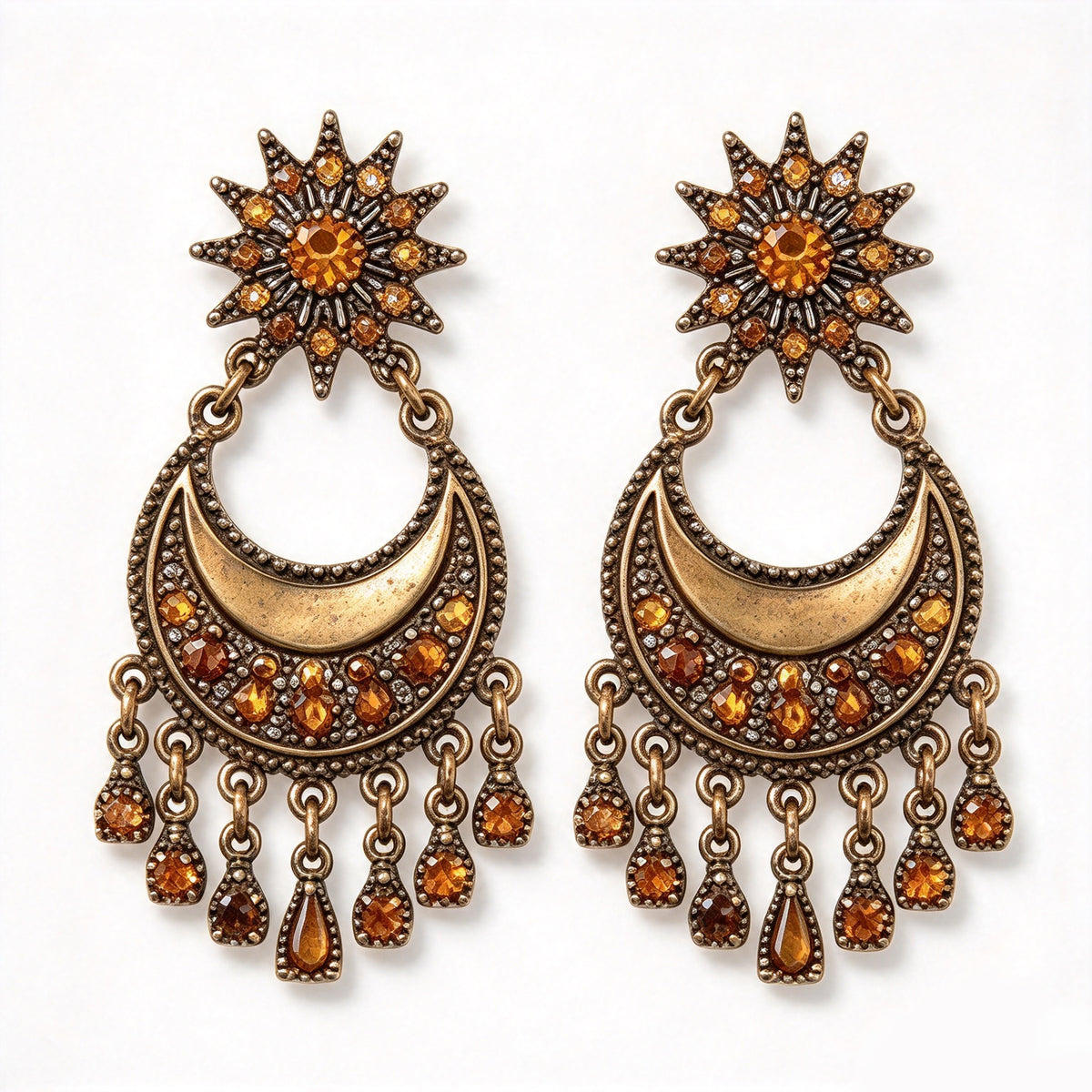 Vintage Bohemian Celestial Sun & Crescent Moon Chandelier Earrings