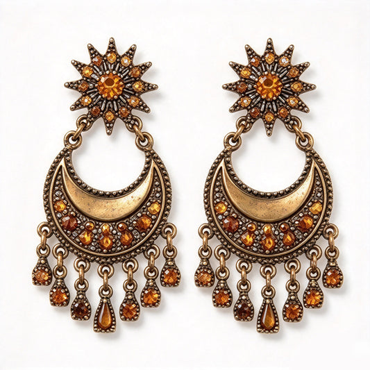 Vintage Bohemian Celestial Sun & Crescent Moon Chandelier Earrings