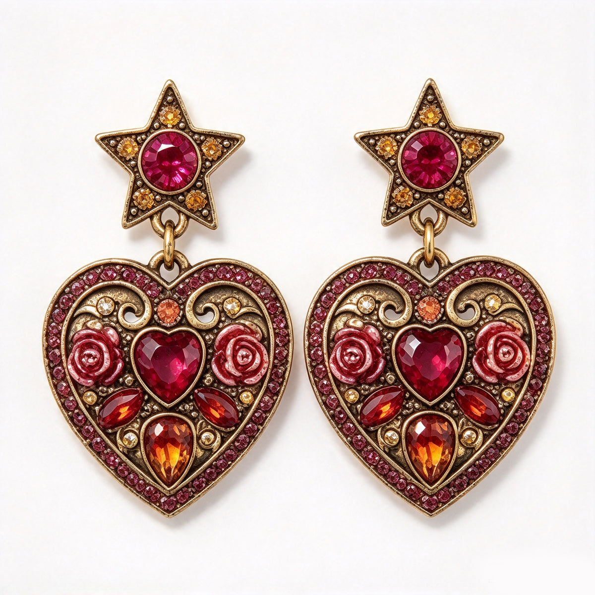 Vintage Baroque Star & Sacred Heart Crystal Drop Earrings