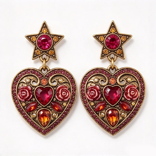 Vintage Baroque Star & Sacred Heart Crystal Drop Earrings
