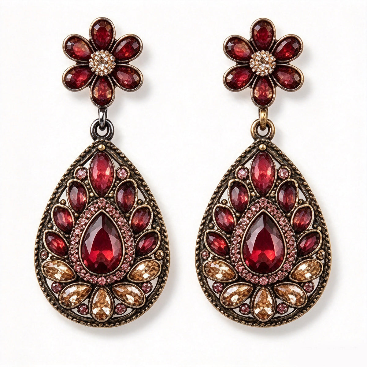 Vintage Garnet & Champagne Crystal Floral Teardrop Drop Earrings