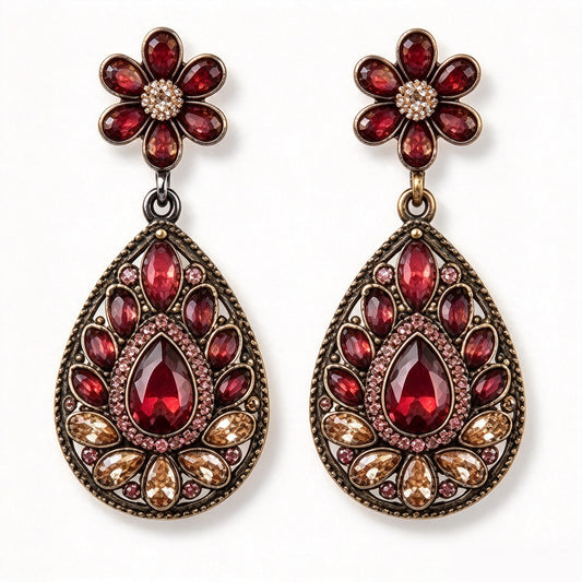 Vintage Garnet & Champagne Crystal Floral Teardrop Drop Earrings