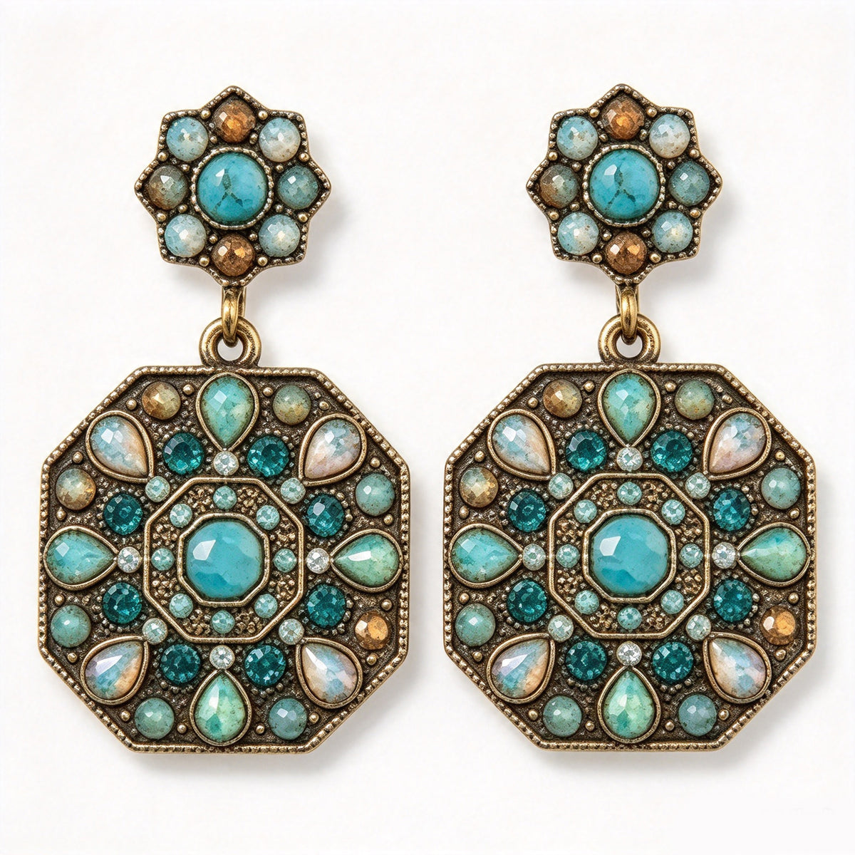 Vintage Bohemian Turquoise & Opal Crystal Octagon Drop Earrings