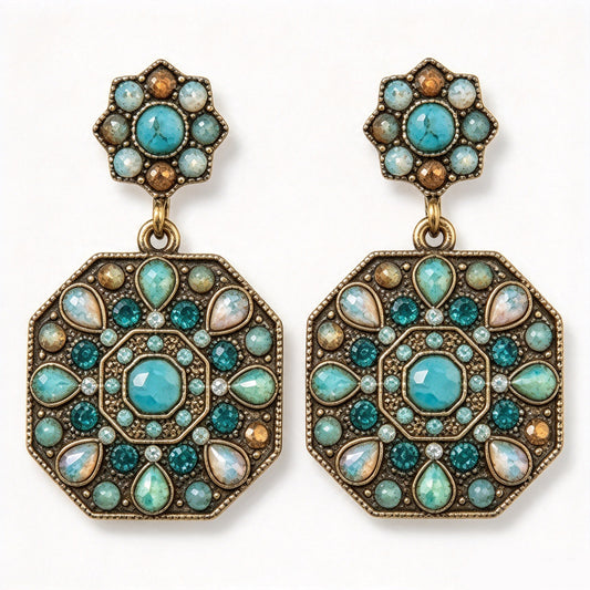 Vintage Bohemian Turquoise & Opal Crystal Octagon Drop Earrings