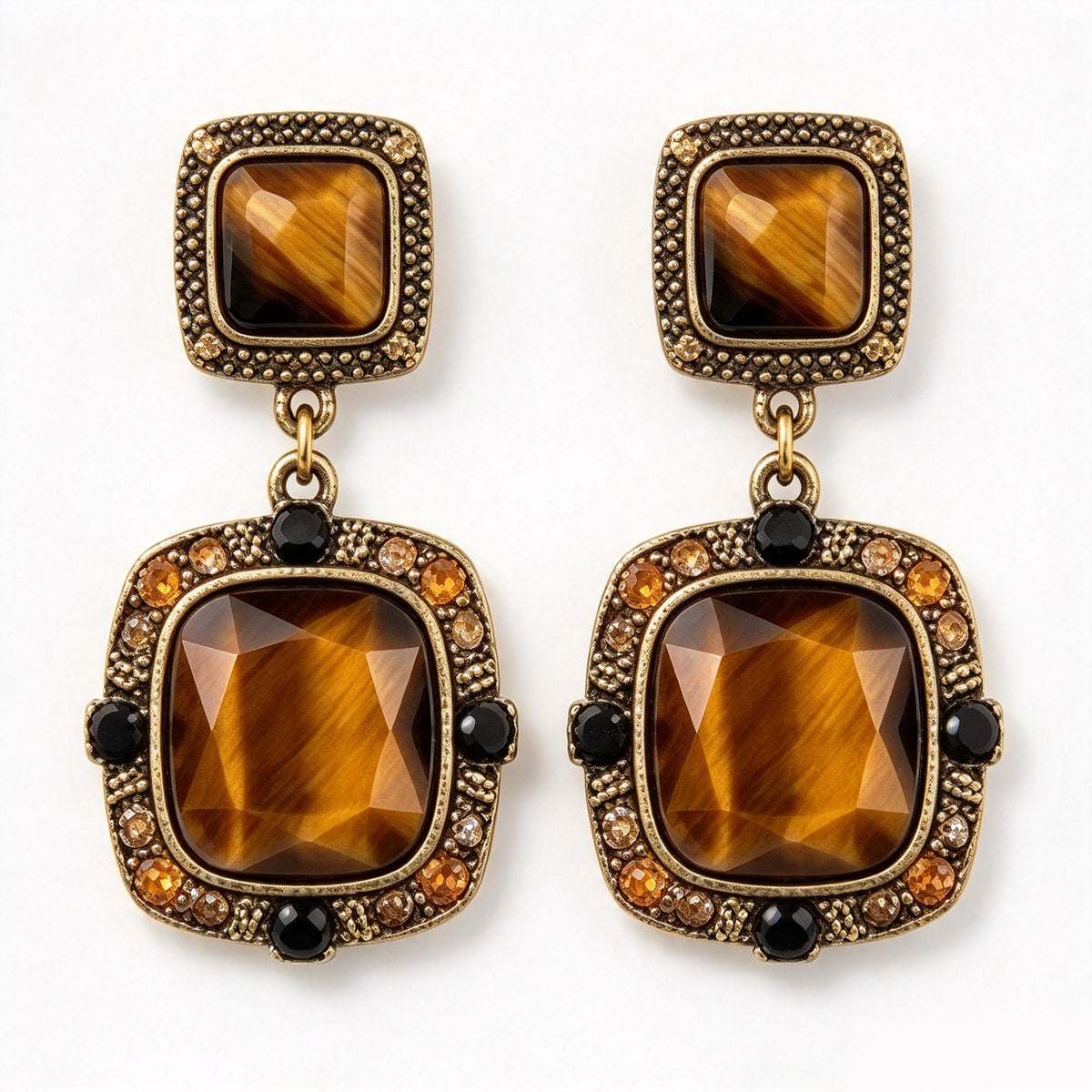 Vintage Tiger Eye Cushion-Cut & Amber Crystal Geometric Drop Earrings
