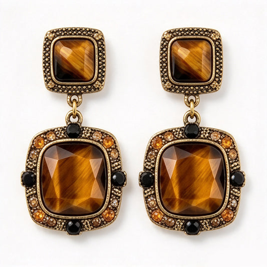 Vintage Tiger Eye Cushion-Cut & Amber Crystal Geometric Drop Earrings