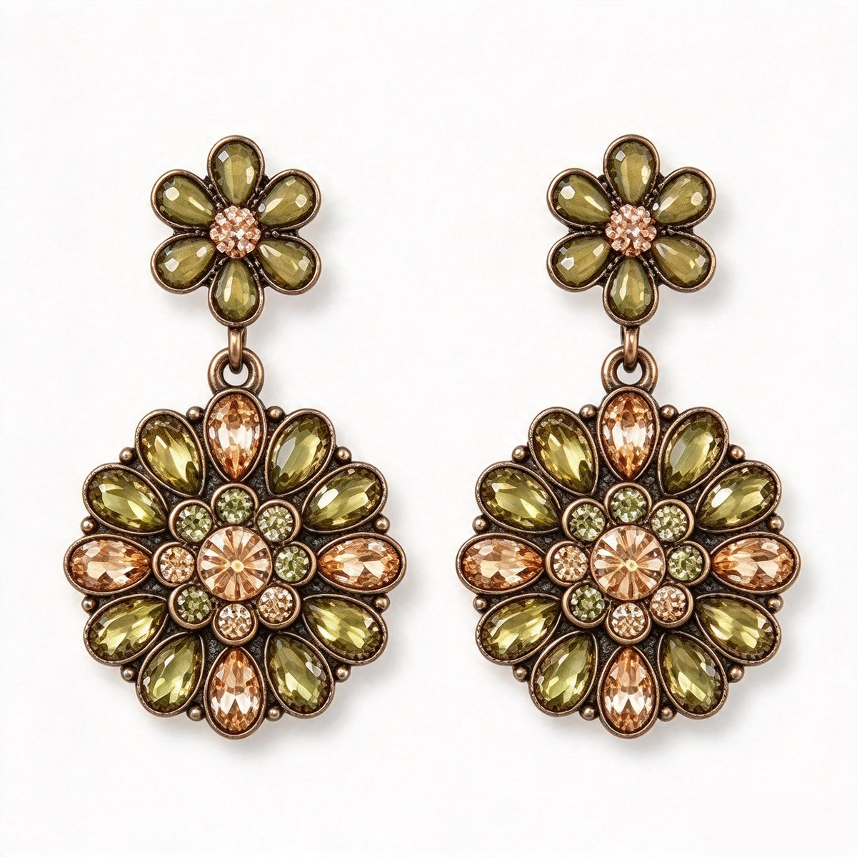 Vintage Olive Peridot & Champagne Floral Medallion Drop Earrings