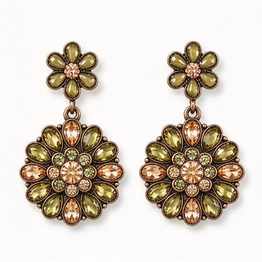 Vintage Olive Peridot & Champagne Floral Medallion Drop Earrings