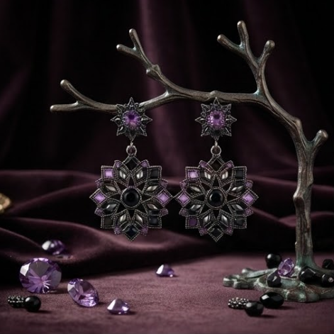 Vintage Gothic Starburst Mandala Crystal Drop Earrings