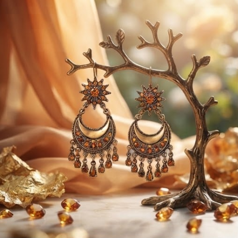 Vintage Bohemian Celestial Sun & Crescent Moon Chandelier Earrings