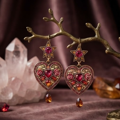 Vintage Baroque Star & Sacred Heart Crystal Drop Earrings