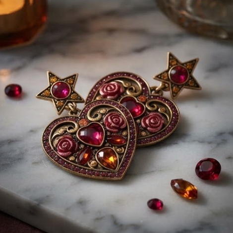 Vintage Baroque Star & Sacred Heart Crystal Drop Earrings