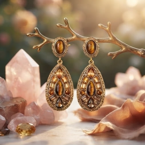 Vintage Tiger Eye & Amber Crystal Teardrop Chandelier Earrings