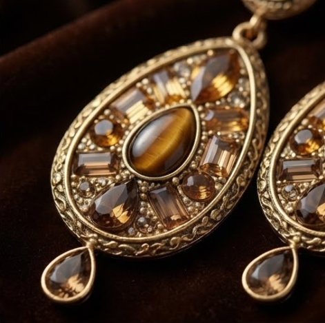 Vintage Tiger Eye & Amber Crystal Teardrop Chandelier Earrings