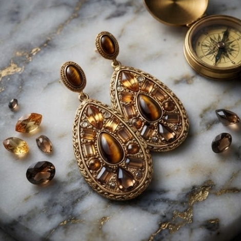 Vintage Tiger Eye & Amber Crystal Teardrop Chandelier Earrings