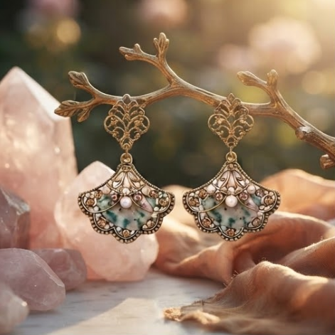 Vintage Art Deco Fan Filigree Moss Agate & Pearl Drop Earrings