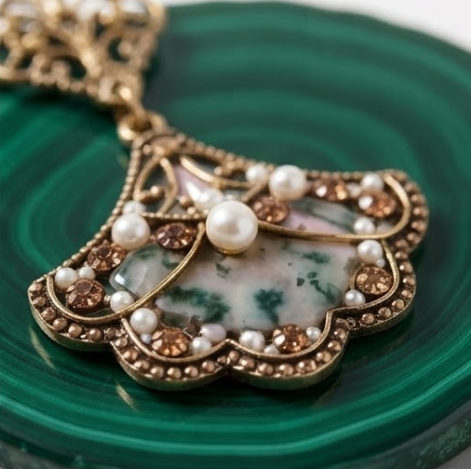 Vintage Art Deco Fan Filigree Moss Agate & Pearl Drop Earrings