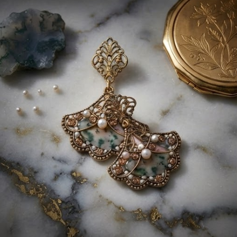 Vintage Art Deco Fan Filigree Moss Agate & Pearl Drop Earrings