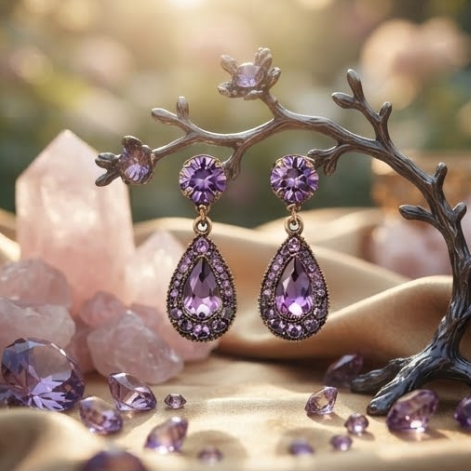 Vintage Amethyst Crystal Teardrop Chandelier Drop Earrings