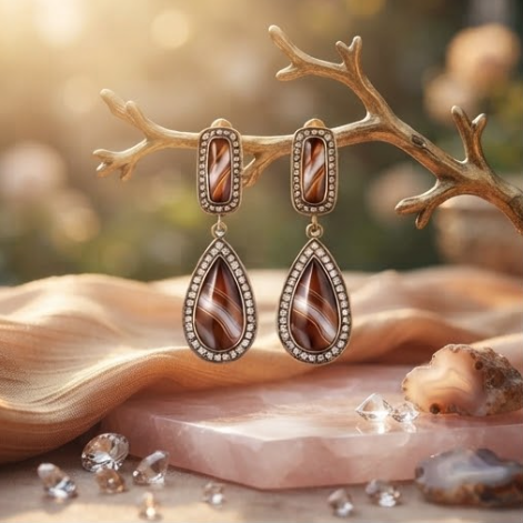 Vintage Banded Agate Teardrop & Pavé Halo Drop Earrings