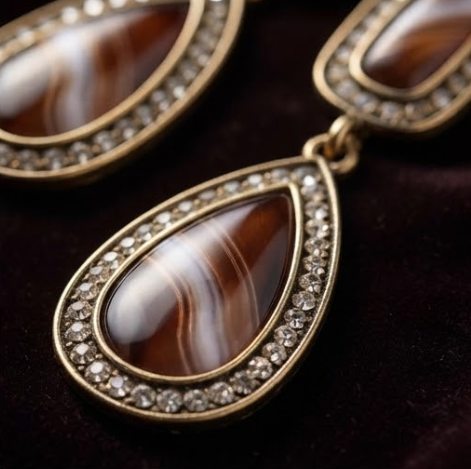 Vintage Banded Agate Teardrop & Pavé Halo Drop Earrings