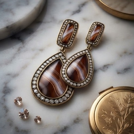 Vintage Banded Agate Teardrop & Pavé Halo Drop Earrings