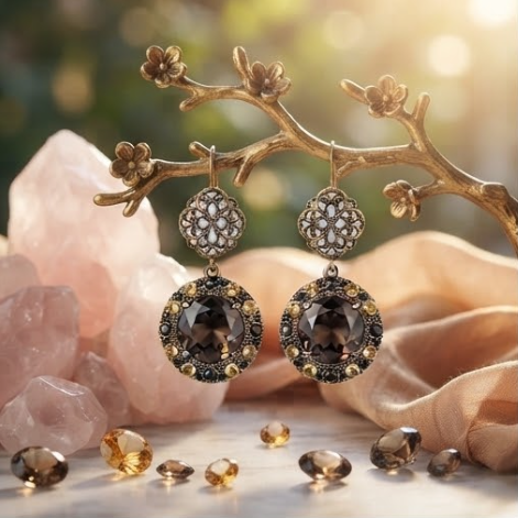 Vintage Smoky Quartz & Citrine Crystal Filigree Medallion Drop Earrings