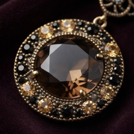 Vintage Smoky Quartz & Citrine Crystal Filigree Medallion Drop Earrings