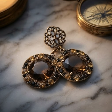 Vintage Smoky Quartz & Citrine Crystal Filigree Medallion Drop Earrings