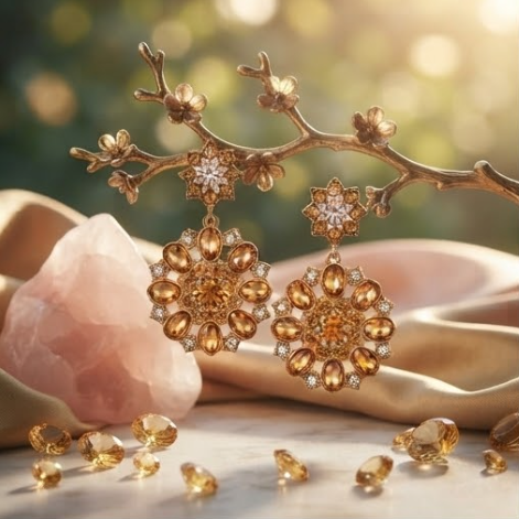 Vintage Citrine & Golden Topaz Crystal Starburst Medallion Drop Earrings