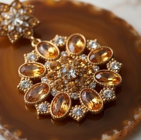 Vintage Citrine & Golden Topaz Crystal Starburst Medallion Drop Earrings
