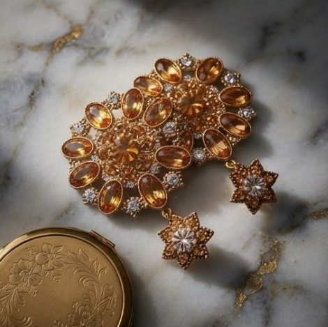 Vintage Citrine & Golden Topaz Crystal Starburst Medallion Drop Earrings