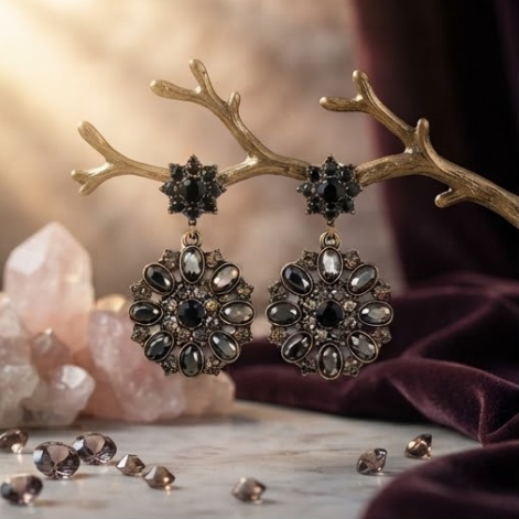 Vintage Gothic Jet Black & Smoky Crystal Starburst Medallion Drop Earrings