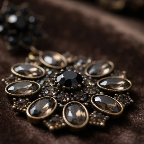 Vintage Gothic Jet Black & Smoky Crystal Starburst Medallion Drop Earrings