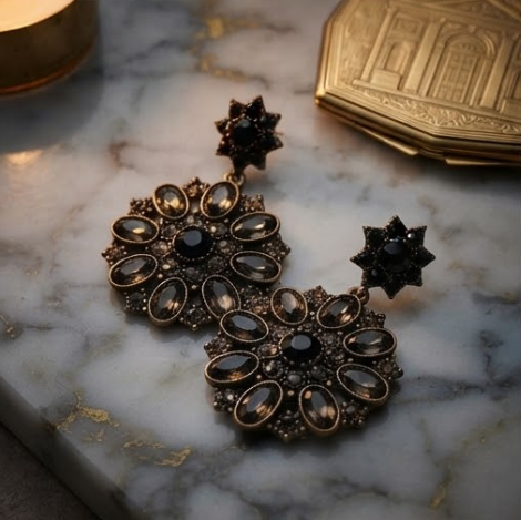 Vintage Gothic Jet Black & Smoky Crystal Starburst Medallion Drop Earrings