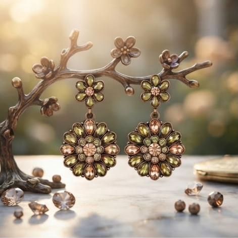 Vintage Olive Peridot & Champagne Floral Medallion Drop Earrings